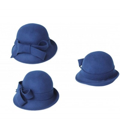 Bucket Hats 100% Wool Vintage Felt Cloche Bucket Bowler Hat Winter Women Church Hats - Big Bow Dark Blue4 - CU18K5RA4XM $26.55