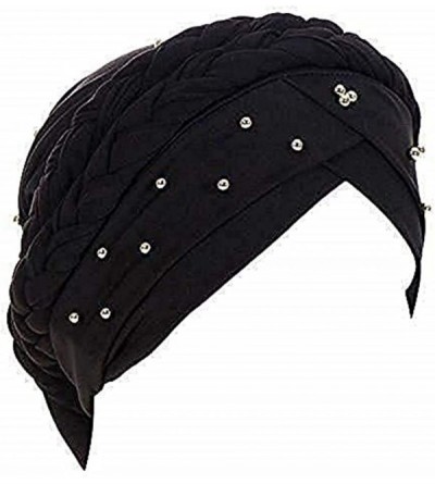 Skullies & Beanies Stay Beautiful Studded Chemo Hair Loss Cap Cancer Head Wrap Turban with Braided Lace for Women - Black - C...