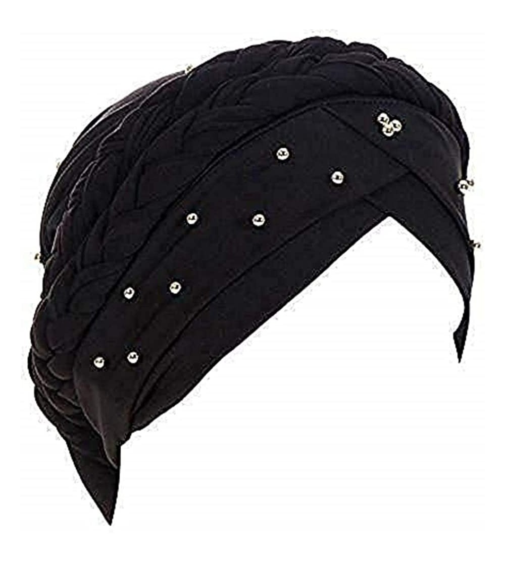 Skullies & Beanies Stay Beautiful Studded Chemo Hair Loss Cap Cancer Head Wrap Turban with Braided Lace for Women - Black - C...