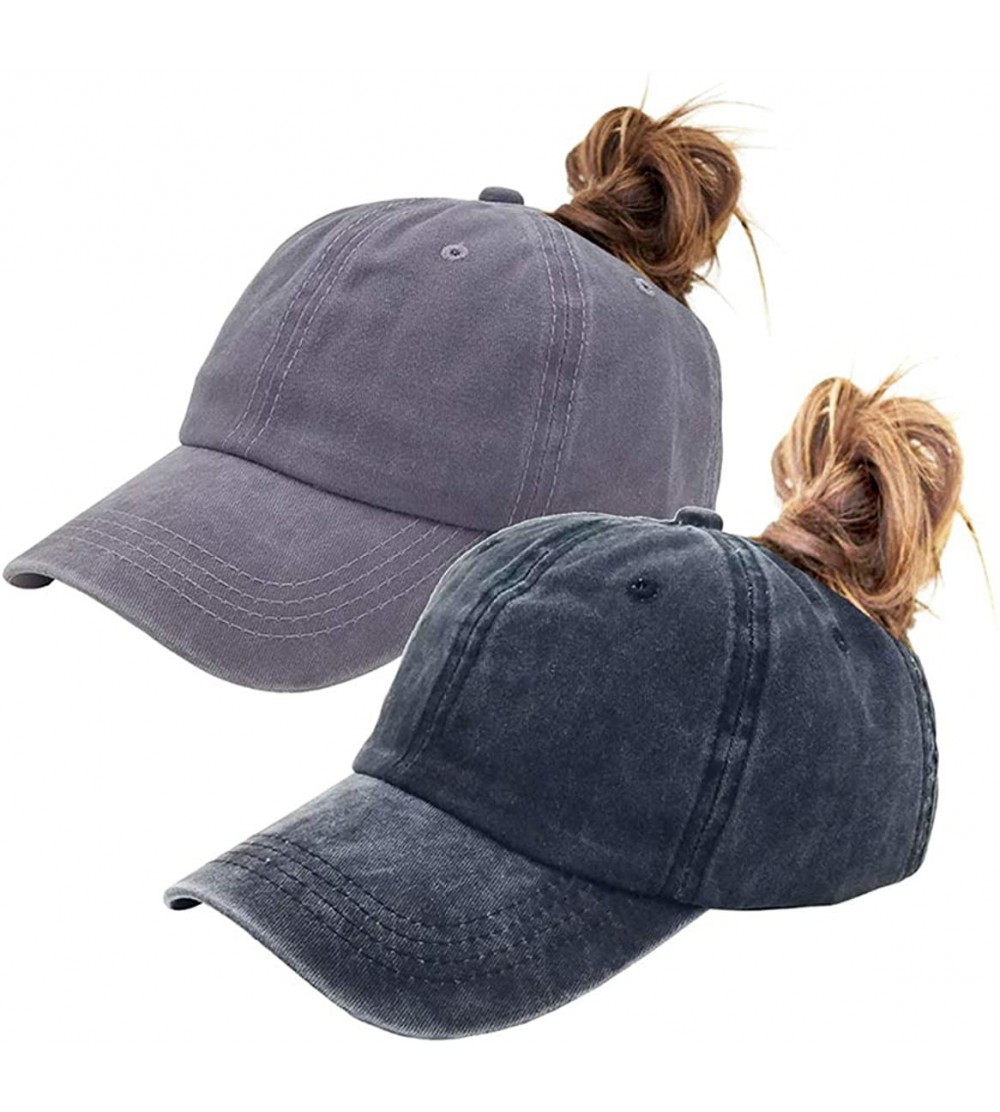 Baseball Caps Womens Cotton Distressed High Ponytail Baseball Messy Bun Cap Washed Ponycap - Black+grey - C918NMY5K8Q $15.92