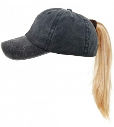 Baseball Caps Womens Cotton Distressed High Ponytail Baseball Messy Bun Cap Washed Ponycap - Black+grey - C918NMY5K8Q $15.92