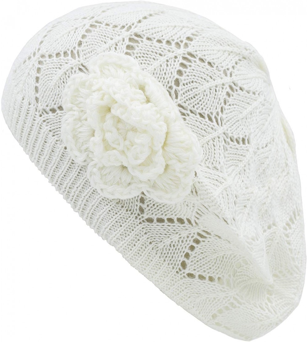 Berets Womens Crochet Flower Beanie Hats Lightweight Cutout Knit Beret Fashion Cap - Off White Diamond Stripe - CA12LCQ6WG3 $...