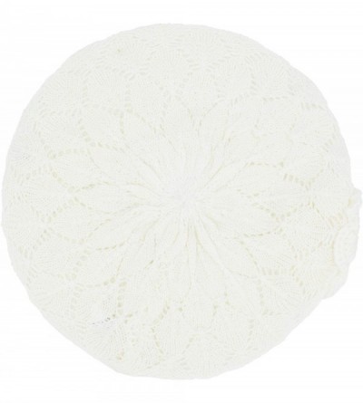 Berets Womens Crochet Flower Beanie Hats Lightweight Cutout Knit Beret Fashion Cap - Off White Diamond Stripe - CA12LCQ6WG3 $...