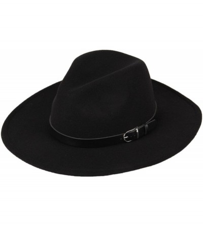 Fedoras Women Wide Brim Vintage Wool Jazz Hat Panama Hat with Belt (Black- One Size) - Black - CH1888DR9HH $26.39