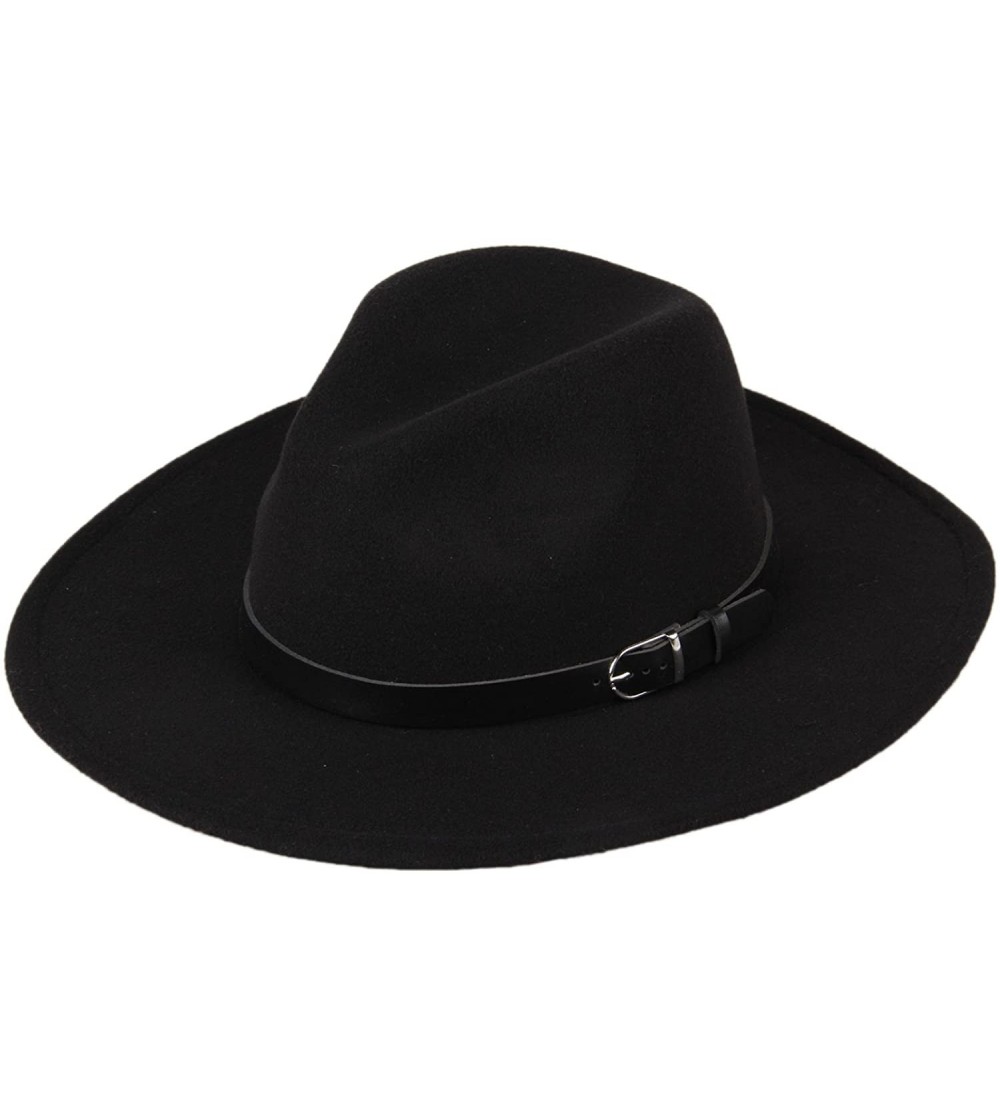 Fedoras Women Wide Brim Vintage Wool Jazz Hat Panama Hat with Belt (Black- One Size) - Black - CH1888DR9HH $13.03