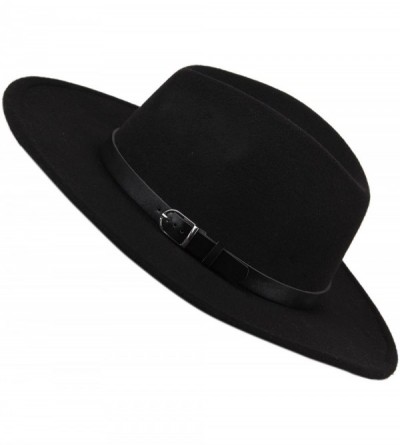 Fedoras Women Wide Brim Vintage Wool Jazz Hat Panama Hat with Belt (Black- One Size) - Black - CH1888DR9HH $13.03