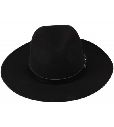 Fedoras Women Wide Brim Vintage Wool Jazz Hat Panama Hat with Belt (Black- One Size) - Black - CH1888DR9HH $13.03