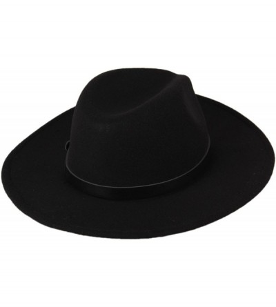 Fedoras Women Wide Brim Vintage Wool Jazz Hat Panama Hat with Belt (Black- One Size) - Black - CH1888DR9HH $13.03