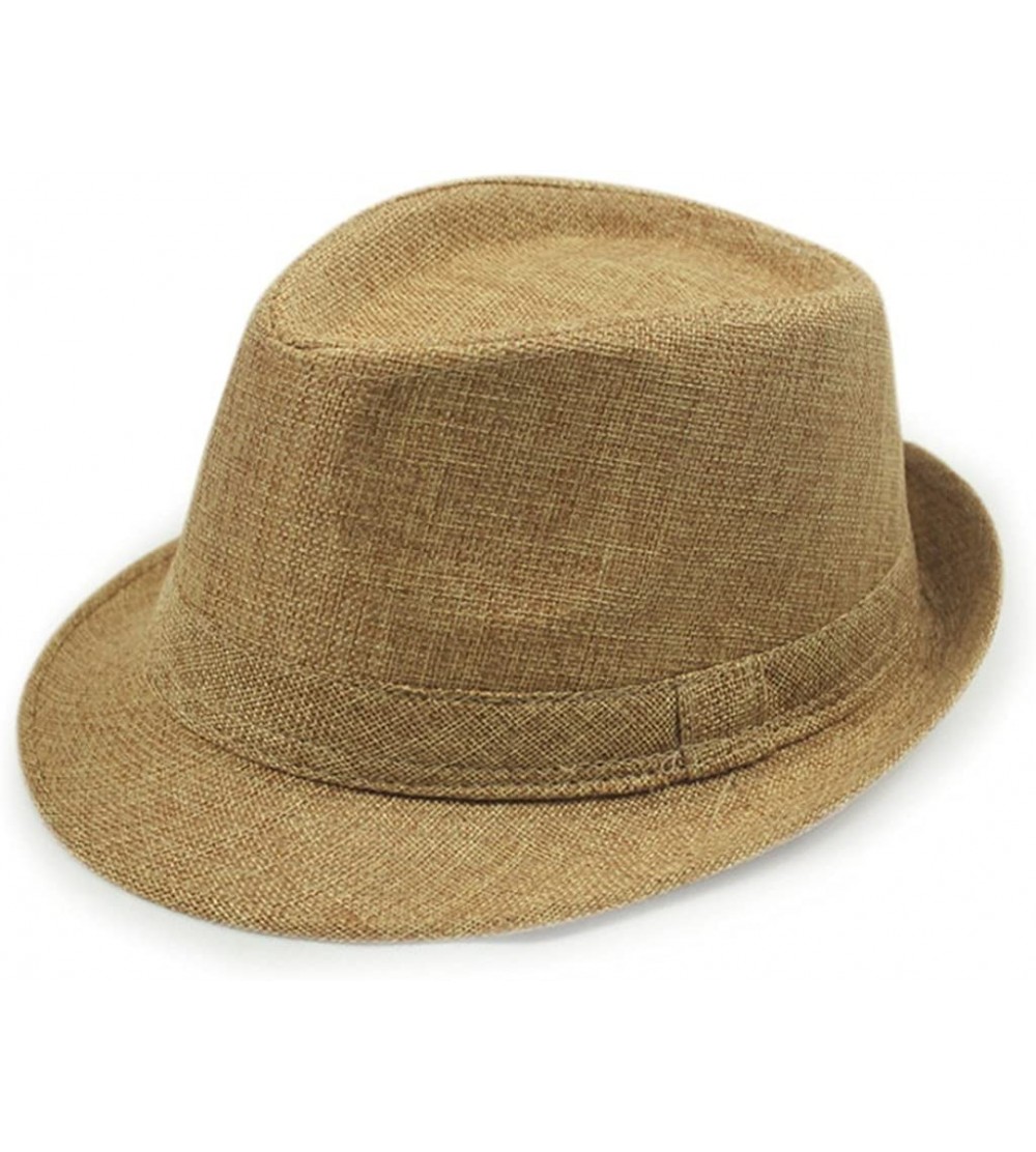 Fedoras Unisex Summer Beach Trilby Fedora Panama Wide Brim Cap Sun Hat Dark khaki - CH12FOM0GUJ $13.29