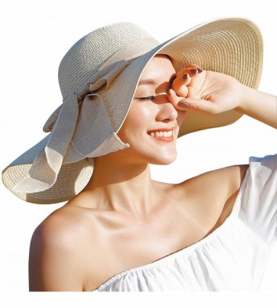 Sun Hats Women's Big Bowknot Straw Sun Hat Floppy Foldable Roll up UV 50+ Beach Cap - Khaki - CO18S62K63G $12.67