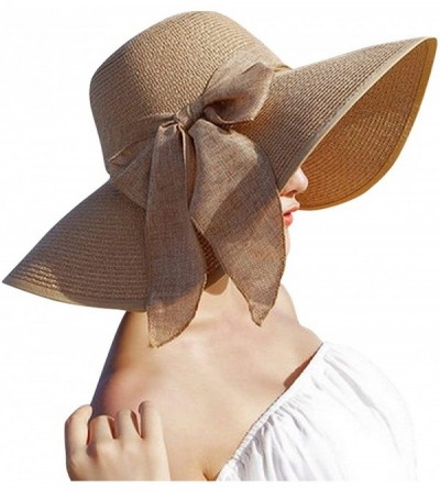 Sun Hats Women's Big Bowknot Straw Sun Hat Floppy Foldable Roll up UV 50+ Beach Cap - Khaki - CO18S62K63G $12.67