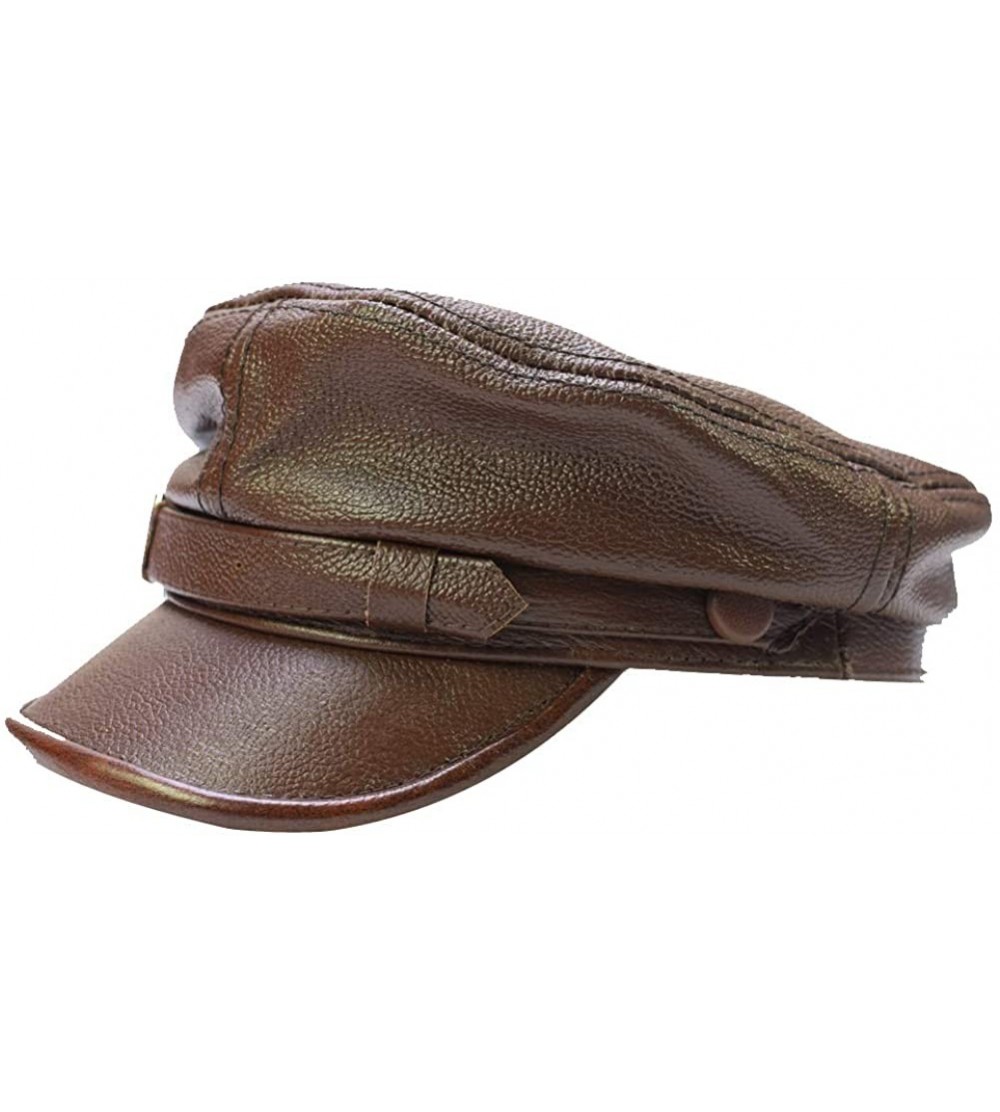 Newsboy Caps Adult Genuine Leather Fiddler Cap Flat Top Maciejówka Breton Style Mariner's Cap - Brown - C518GU0UYTO $18.61