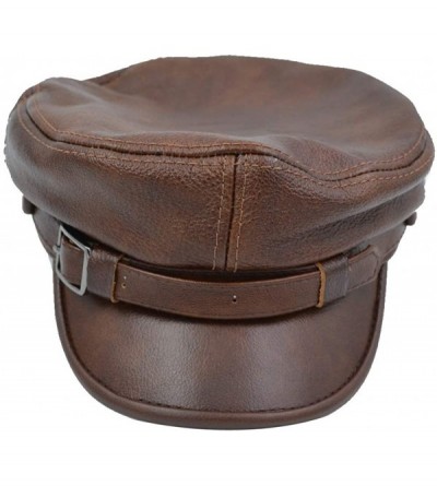 Newsboy Caps Adult Genuine Leather Fiddler Cap Flat Top Maciejówka Breton Style Mariner's Cap - Brown - C518GU0UYTO $18.61