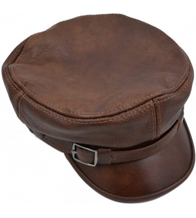 Newsboy Caps Adult Genuine Leather Fiddler Cap Flat Top Maciejówka Breton Style Mariner's Cap - Brown - C518GU0UYTO $18.61