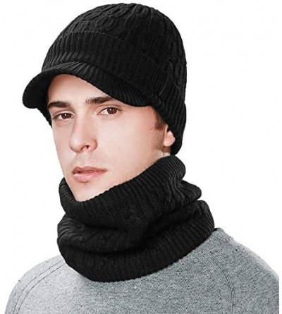 Newsboy Caps Unisex Knit Beanie Visor Cap Winter Hat Fleece Neck Scarf Set Ski Face Mask 55-61cm - 89210-black Set - CQ18LL52...