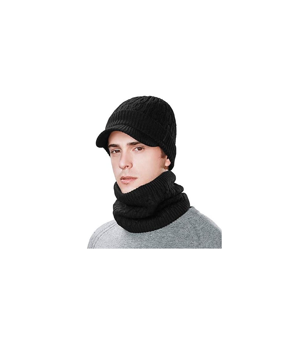 Newsboy Caps Unisex Knit Beanie Visor Cap Winter Hat Fleece Neck Scarf Set Ski Face Mask 55-61cm - 89210-black Set - CQ18LL52...
