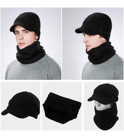 Newsboy Caps Unisex Knit Beanie Visor Cap Winter Hat Fleece Neck Scarf Set Ski Face Mask 55-61cm - 89210-black Set - CQ18LL52...