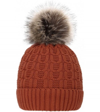 Skullies & Beanies Sherpa Lined Knit Beanie with Faux Fur Pompom - Burnt Orange With Fur Pom - C1182RZ8XRT $11.71