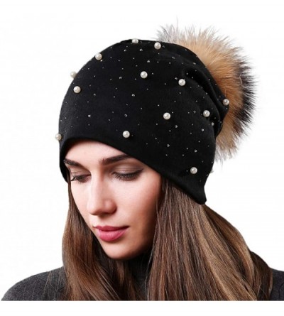 Skullies & Beanies Womens Slouchy Beanie Hat with Real Raccoon Fur Pompom Cotton Pearls Winter Fall Hat - Black 2 - CN1927N05...