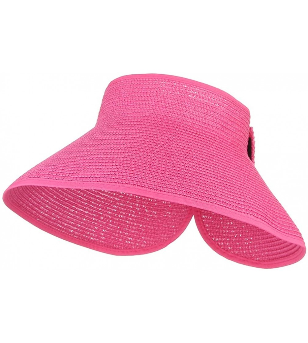 Sun Hats Women Foldable Wide Brim Straw Sun Visor Outdoor UV Proof Roll-up Open Top Hat - Rose - CK18EIQU689 $8.70