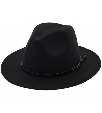Fedoras Women's Vintage Fedora Hat Lady Retro Wide Brim Hat with Belt Buckle Unisex Classic Cotton Panama Hat - Black - C6193...
