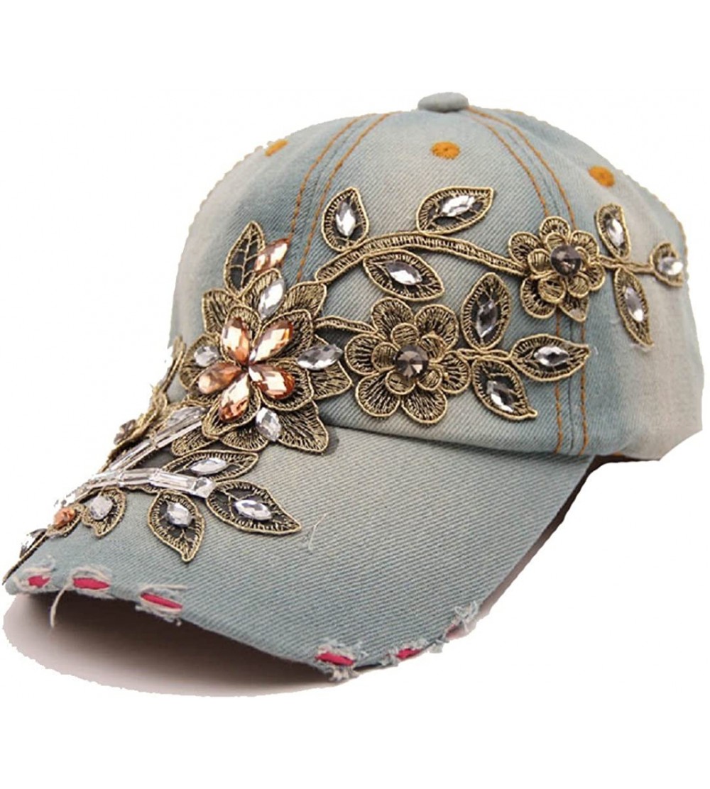 Baseball Caps Ladies Denim Jean Campagne Bling Flower Pattern Adjstable Baseball Cap - A - C712M2DGA2F $7.35