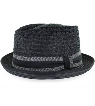 Fedoras Belfry Men/Women Summer Straw Pork Pie Trilby Fedora Hat in Blue- Tan- Black - Blackstripe - CU18MH95IR7 $81.80