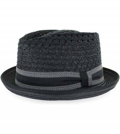 Fedoras Belfry Men/Women Summer Straw Pork Pie Trilby Fedora Hat in Blue- Tan- Black - Blackstripe - CU18MH95IR7 $30.93