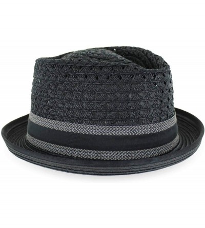 Fedoras Belfry Men/Women Summer Straw Pork Pie Trilby Fedora Hat in Blue- Tan- Black - Blackstripe - CU18MH95IR7 $30.93