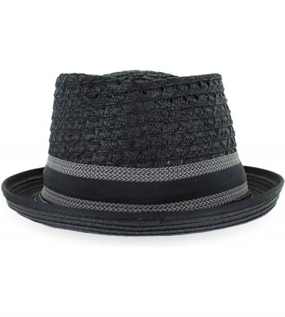 Fedoras Belfry Men/Women Summer Straw Pork Pie Trilby Fedora Hat in Blue- Tan- Black - Blackstripe - CU18MH95IR7 $30.93