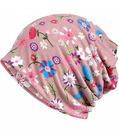 Skullies & Beanies Printed Beanie Chemo Hat Slouchy Cotton Stretch Turban Scarf - Flowers Pink - CQ196TXIHUR $12.50