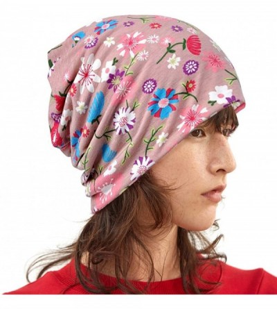Skullies & Beanies Printed Beanie Chemo Hat Slouchy Cotton Stretch Turban Scarf - Flowers Pink - CQ196TXIHUR $12.50
