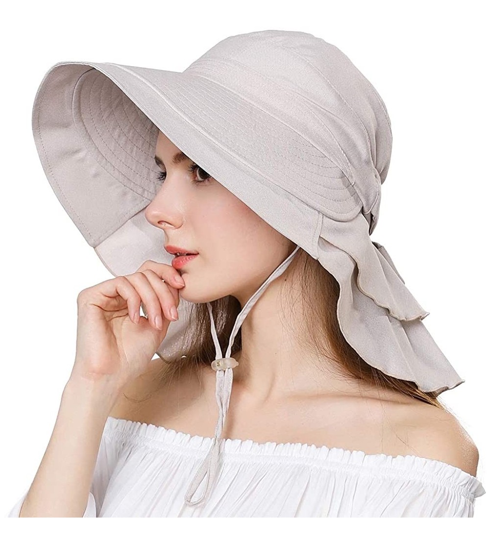 Sun Hats UV Protection Summer Sun Hat Women Packable Cotton Ponytail Chin Strap 55-59CM - 16031_beige - CC12GGQFARF $12.52