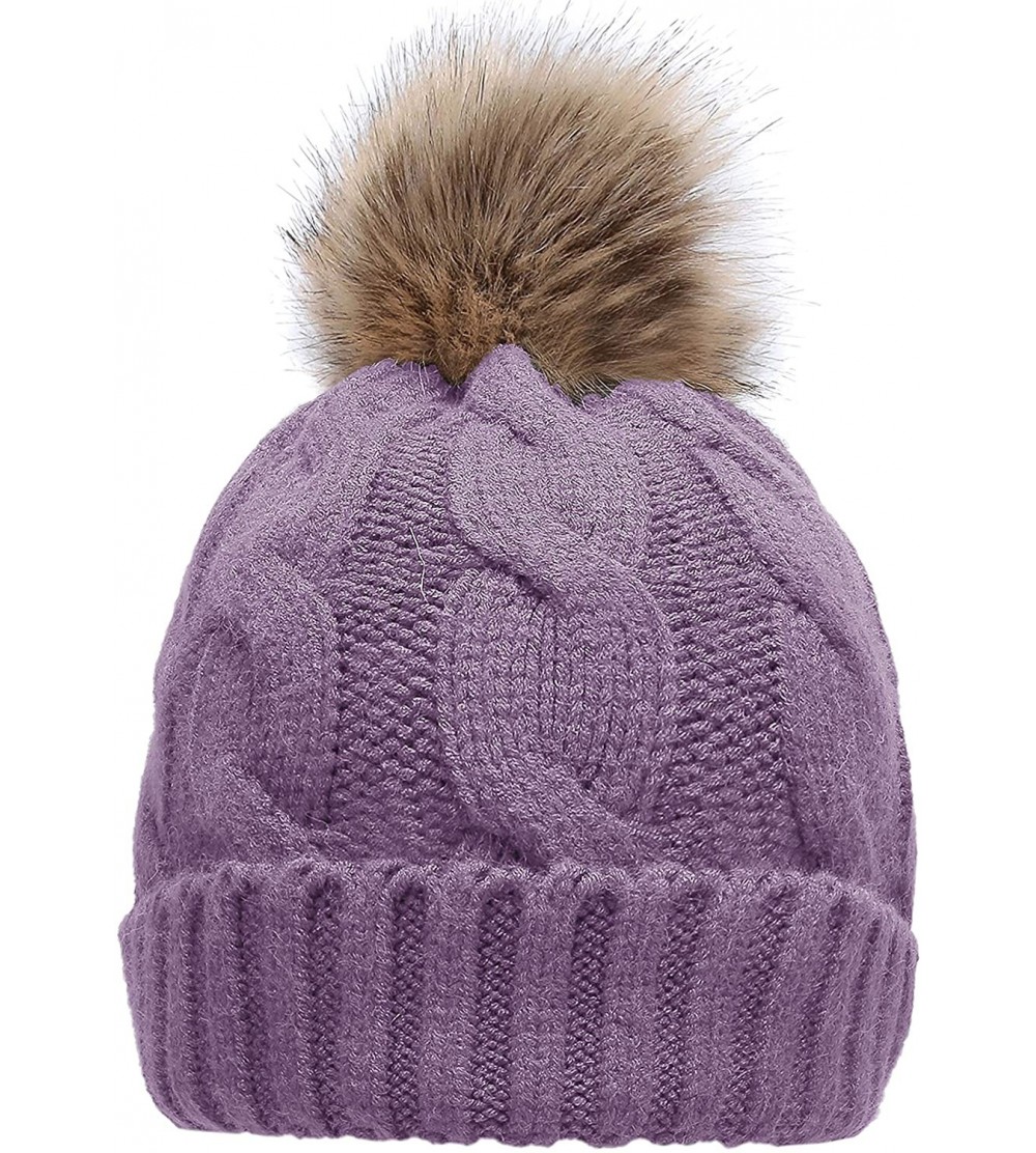 Skullies & Beanies Women's Winter Ribbed Knit Faux Fur Pompoms Chunky Lined Beanie Hats - A Twist Purple Grape - C5184ROLUEN ...