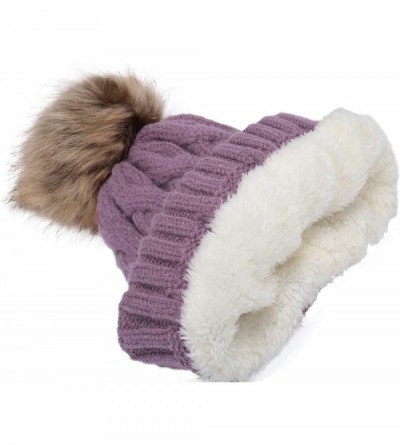 Skullies & Beanies Women's Winter Ribbed Knit Faux Fur Pompoms Chunky Lined Beanie Hats - A Twist Purple Grape - C5184ROLUEN ...