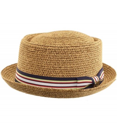 Fedoras Men's Fancy Summer Straw Pork Pie Derby Fedora Upturn Brim Hat - Toast - CY11LJ2BCCP $24.59