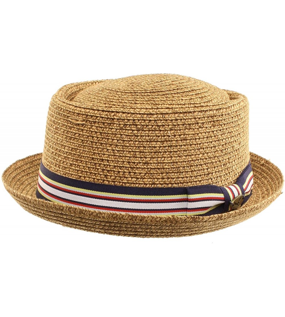 Fedoras Men's Fancy Summer Straw Pork Pie Derby Fedora Upturn Brim Hat - Toast - CY11LJ2BCCP $24.59