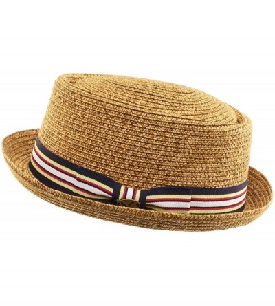 Fedoras Men's Fancy Summer Straw Pork Pie Derby Fedora Upturn Brim Hat - Toast - CY11LJ2BCCP $24.59