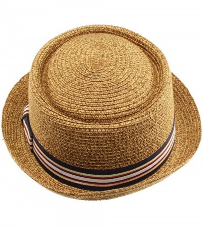 Fedoras Men's Fancy Summer Straw Pork Pie Derby Fedora Upturn Brim Hat - Toast - CY11LJ2BCCP $24.59