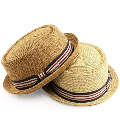 Fedoras Men's Fancy Summer Straw Pork Pie Derby Fedora Upturn Brim Hat - Toast - CY11LJ2BCCP $24.59