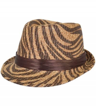 Fedoras Dark Brown Zebra Print Ribbon Band Fedora Straw Hat - CJ116NFQZ43 $11.80