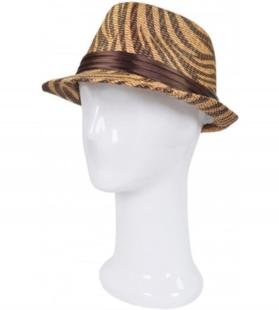 Fedoras Dark Brown Zebra Print Ribbon Band Fedora Straw Hat - CJ116NFQZ43 $11.80