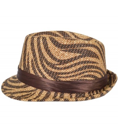 Fedoras Dark Brown Zebra Print Ribbon Band Fedora Straw Hat - CJ116NFQZ43 $11.80