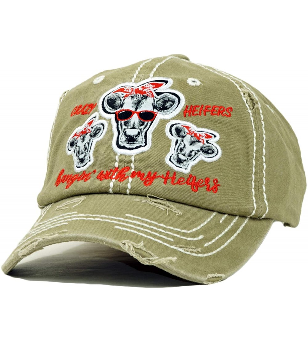 Baseball Caps Vintage Ball Caps for Women Mama Bear Dog Mom Washed Cap - Crazy Heifers- Khaki - CV18ZYGLSYK $20.51