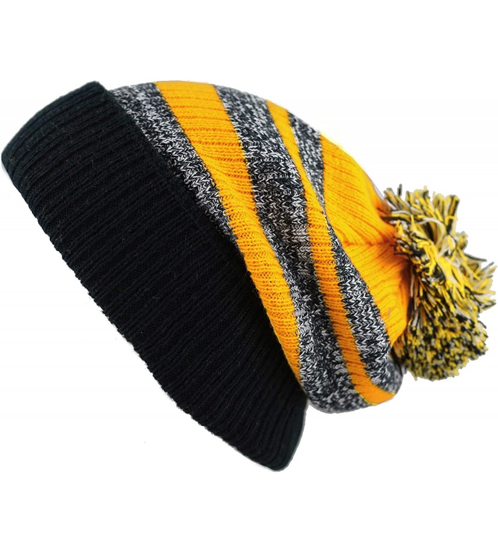 Skullies & Beanies Winter Striped Cuffed Pom Pom Knit Soft Thick Beanie Skully Hat - Black-gold - CP12N6GURZ9 $12.43