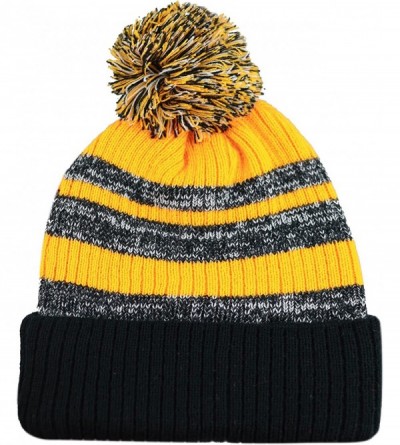 Skullies & Beanies Winter Striped Cuffed Pom Pom Knit Soft Thick Beanie Skully Hat - Black-gold - CP12N6GURZ9 $12.43