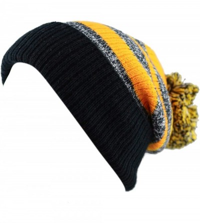 Skullies & Beanies Winter Striped Cuffed Pom Pom Knit Soft Thick Beanie Skully Hat - Black-gold - CP12N6GURZ9 $12.43