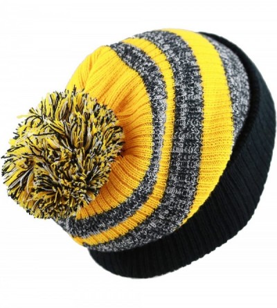 Skullies & Beanies Winter Striped Cuffed Pom Pom Knit Soft Thick Beanie Skully Hat - Black-gold - CP12N6GURZ9 $12.43