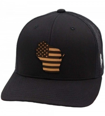 Baseball Caps 'Wisconsin Patriot' Leather Patch Hat Curved Trucker - Black - C918IGOTMKS $57.07