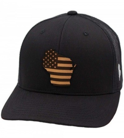 Baseball Caps 'Wisconsin Patriot' Leather Patch Hat Curved Trucker - Black - C918IGOTMKS $23.99